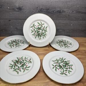 Lenox Special Christmas Dinner Plates Large Holly Berry Gold Trim 10.5" Set of 5